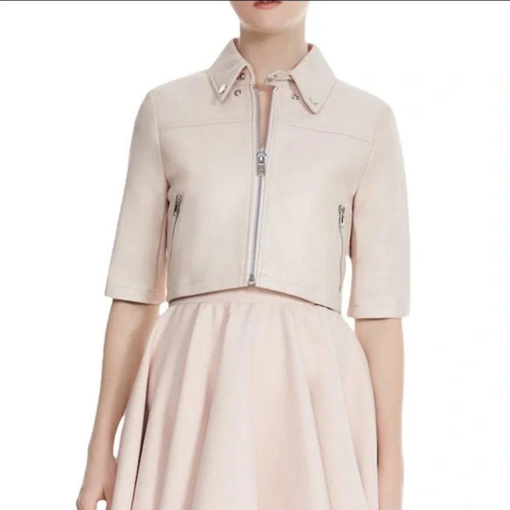 -Maje Light Rose Pale Pink Brittany Cropped Lamb Leather Jacket EU38